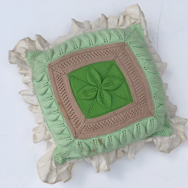 CUSHION, Crochet - Green Pink w Frill